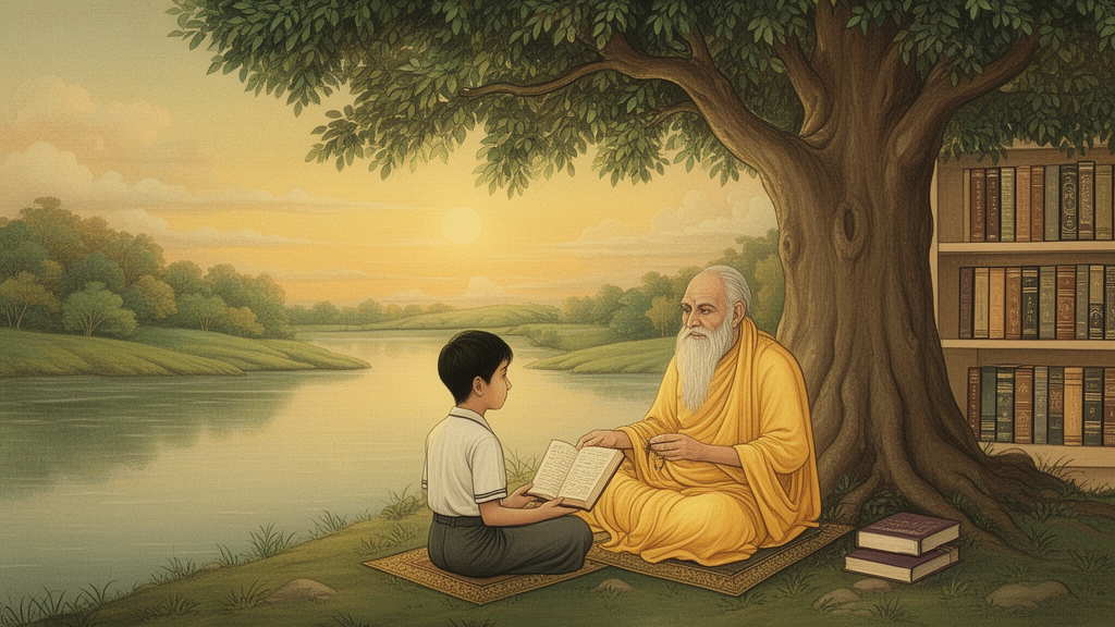 A student listening to an elderly teacher beneath a large tree by a river, with closed books on a shelf nearby.