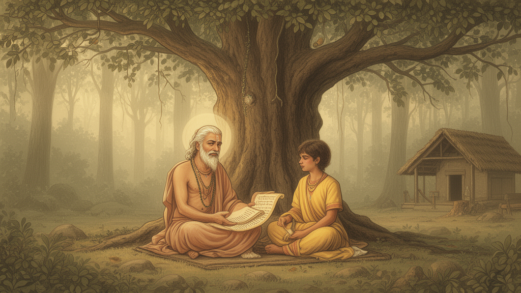 An illustrated teacher and student sit together under a tree in a forest hermitage, with an open palm-leaf manuscript between them, representing traditional Upanishad study.