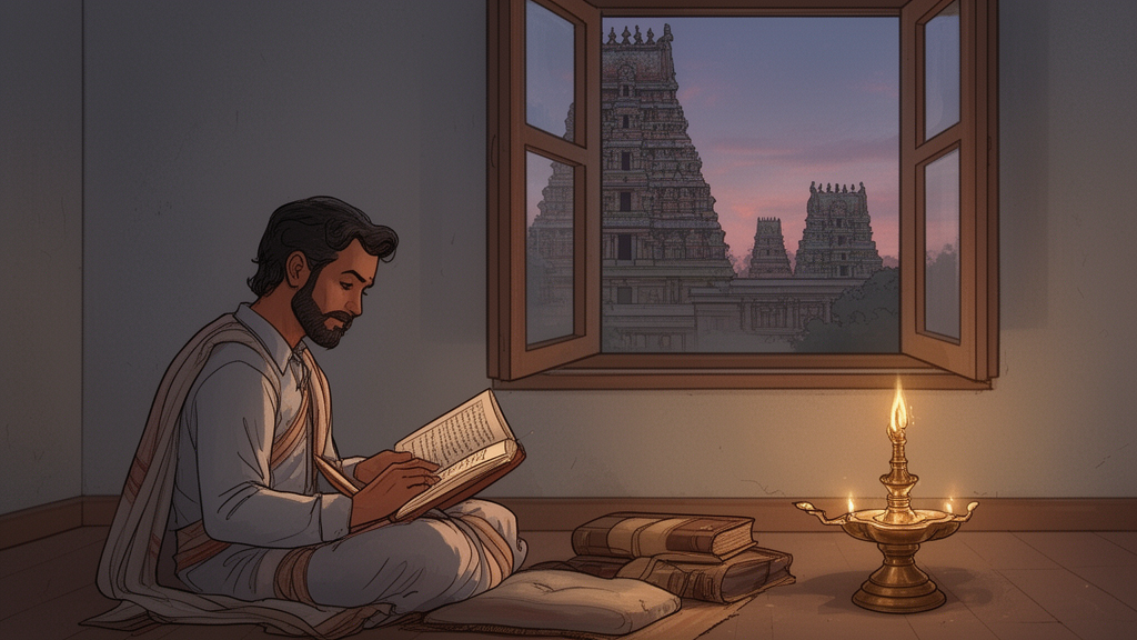 A reader studies an open book beside a lit oil lamp in a quiet room with a view of temple towers at dusk, representing modern reading of Upanishads in Tamil.