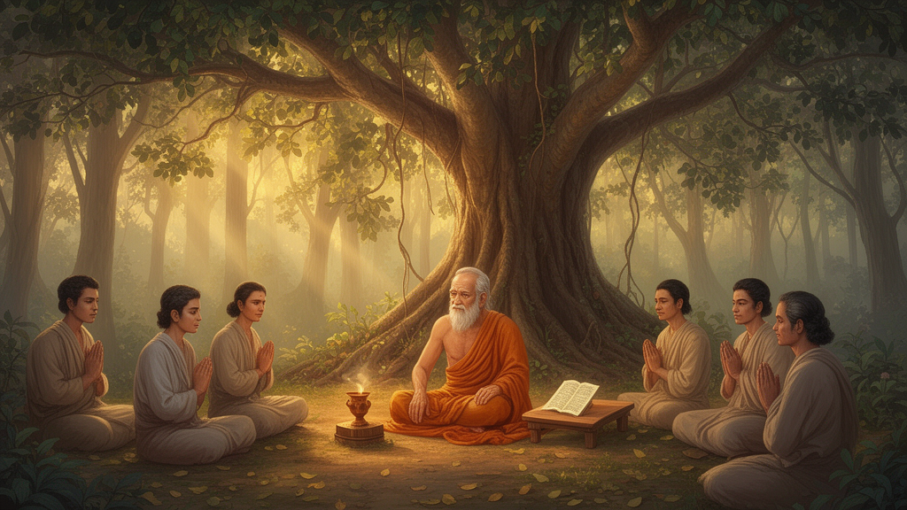 Illustration of a teacher seated beneath a banyan tree in a forest hermitage at dawn while students listen with joined palms and a palm-leaf manuscript rests nearby, depicting the traditional teacher-student setting associated with Upanishadic study.