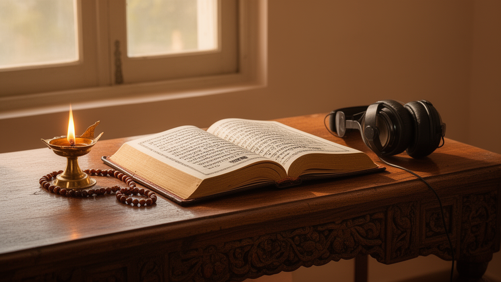 Still life of an open scripture book, a brass oil lamp, prayer beads, and headphones on a wooden desk in a home study corner, suggesting how audio lessons can be used alongside a printed text.