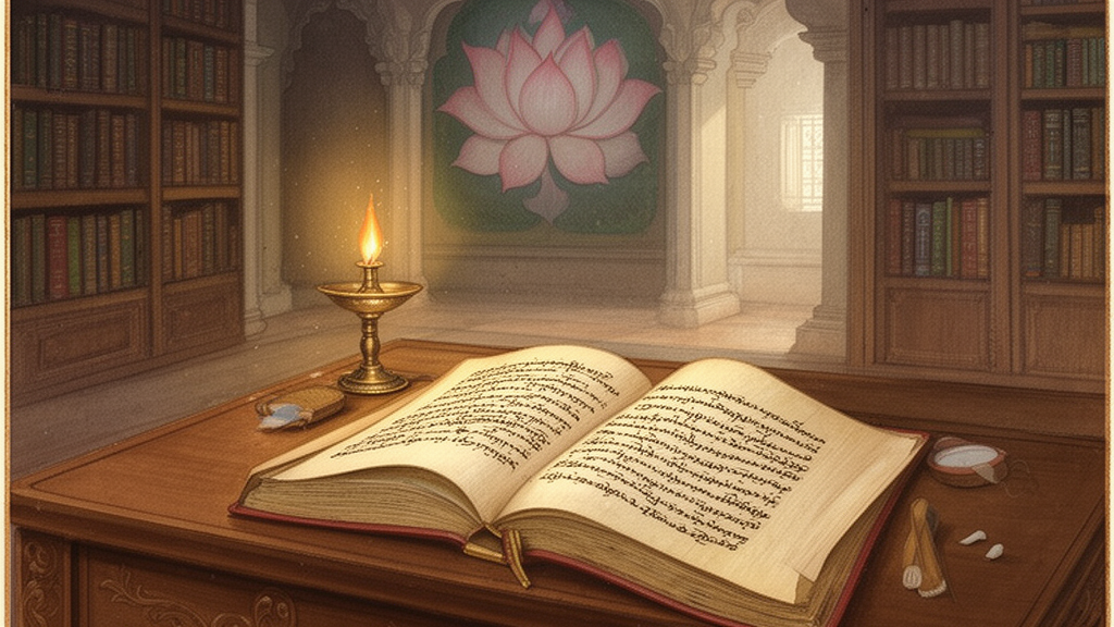 Open palm-leaf manuscript on a wooden desk beside a brass oil lamp in a quiet temple library, suggesting the study of Sanskrit Upanishad texts.