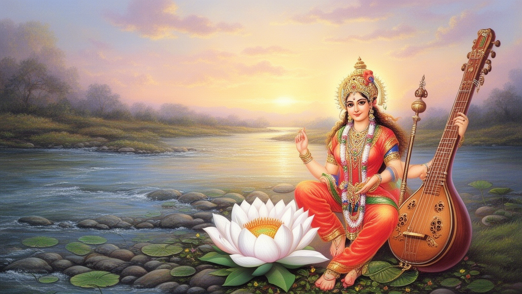 Serene dawn scene with a white lotus, a veena, and calm river water, evoking traditional Sarasvati iconography associated with the Sarasvati Rahasya Upanishad.