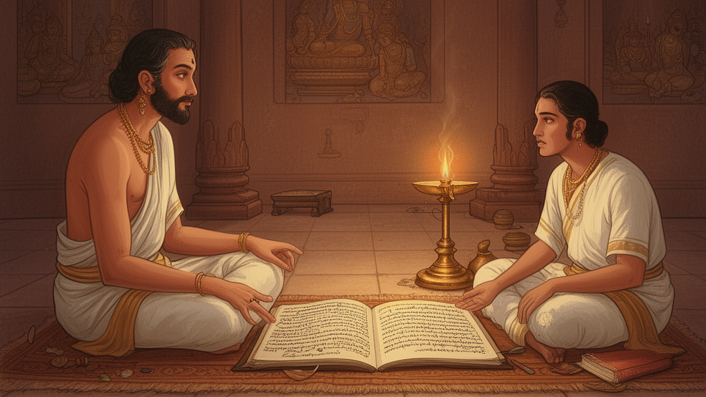 Teacher and student studying an open manuscript by oil lamplight in a quiet study room, illustrating Upanishad study.
