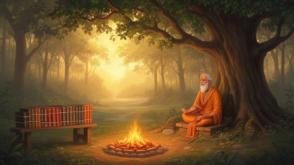 Dawn view of a forest hermitage with a sacred fire, a stand of books, and a meditating sage beneath a banyan tree.