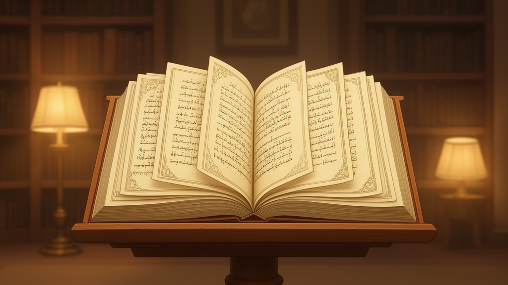 Open bundle of ancient-style manuscript pages arranged in eleven sections on a wooden lectern in a warmly lit study room.