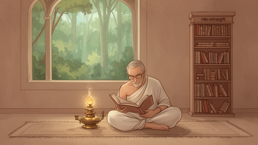 A seated student reading a book beside a brass oil lamp in a quiet room with a window onto a green forest.