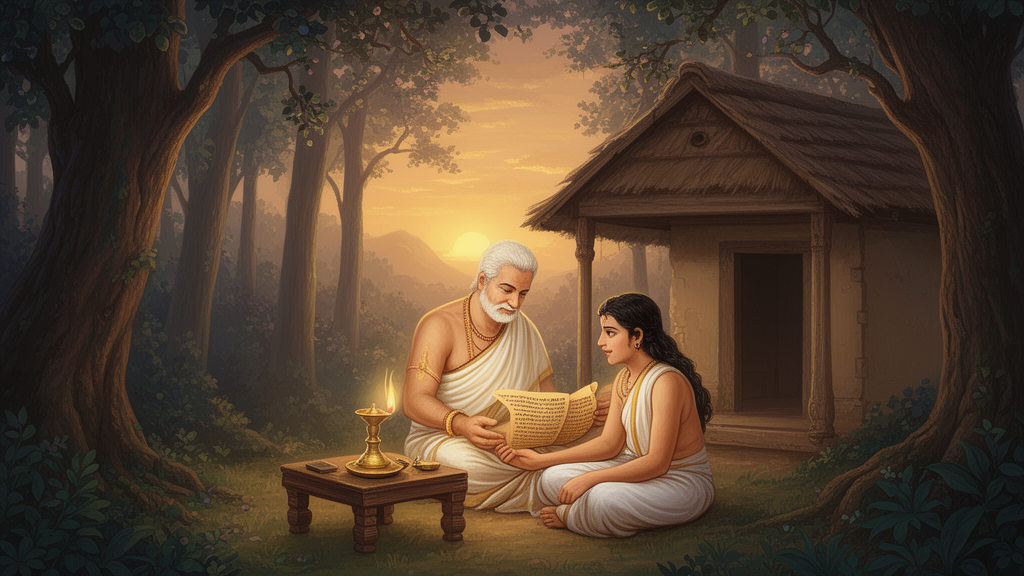 A teacher and a seated student in a forest hermitage at dawn, with an open palm-leaf manuscript and a small lamp between them, illustrating the Upanishad tradition of sitting close to the master.