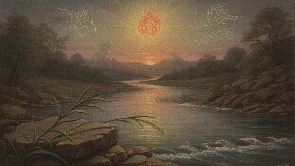 A twilight riverside scene with a blade of grass on a stone and soft symbolic light in the sky, illustrating the Kena Upanishad story of the Devas and the Yaksha.