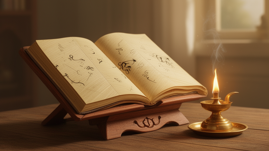 An open palm-leaf style book on a wooden stand beside a brass oil lamp in a calm reading room, suggesting study of the Upanishads.