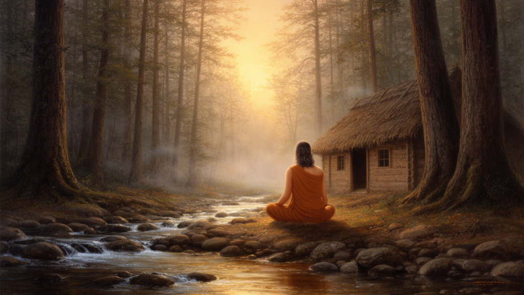 A seated meditating sage with his back to the viewer beside a flowing stream in a misty forest at dawn, suggesting contemplative study of the Upanishads.