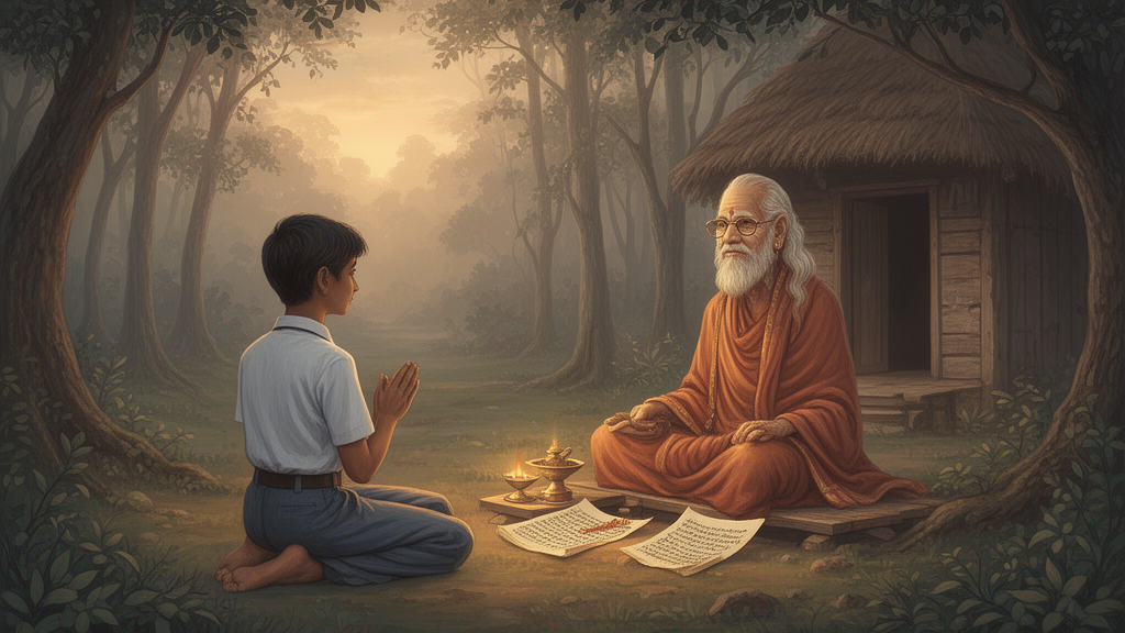 Illustration of a young student seated near an elderly teacher in a forest hermitage, with manuscripts and a lamp nearby, representing the teacher-student setting associated with the word Upanishad.