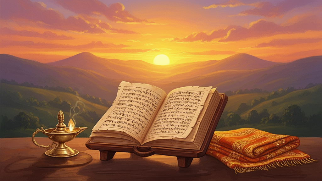 Illustration of an open ancient manuscript on a wooden stand beside a brass lamp at dawn, representing the study of Upanishadic wisdom texts.