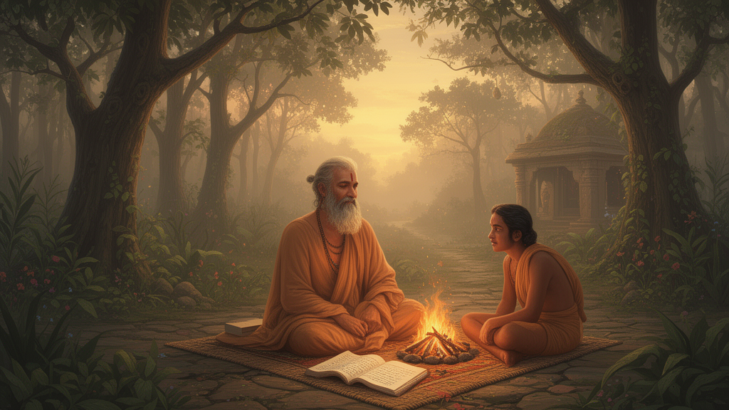 An illustration of a seated teacher and a student in an ancient forest hermitage, with palm-leaf manuscripts nearby, representing the teacher-student dialogue setting of the Upanishads.