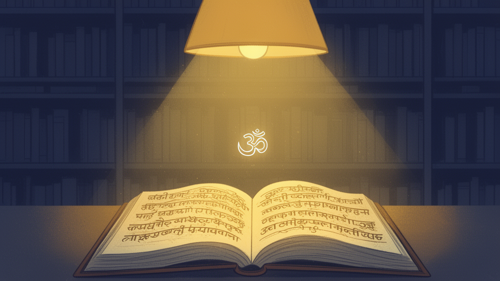 A quiet study scene with a lamp over an open manuscript and a faint Om symbol, representing the reflective reading of Upanishadic texts.