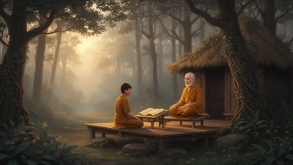Illustration of a student seated near a teacher in a quiet forest setting at dawn, with manuscripts on a low stool.