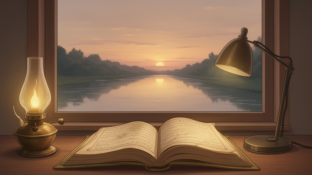 Illustration of an open manuscript on a wooden desk beside an oil lamp, with a calm river visible through a window.