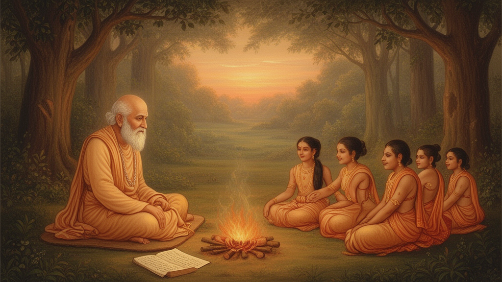 Illustration of a teacher seated in a forest clearing at dawn with students sitting near his feet beside a small sacred fire and open manuscripts, depicting the traditional guru-student setting of Upanishadic teaching.
