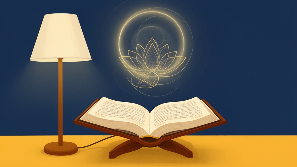 Illustration of an open traditional book beside a lamp with a soft lotus motif and circle of light, representing contemplative study of the Upanishads and the idea of inner awareness.