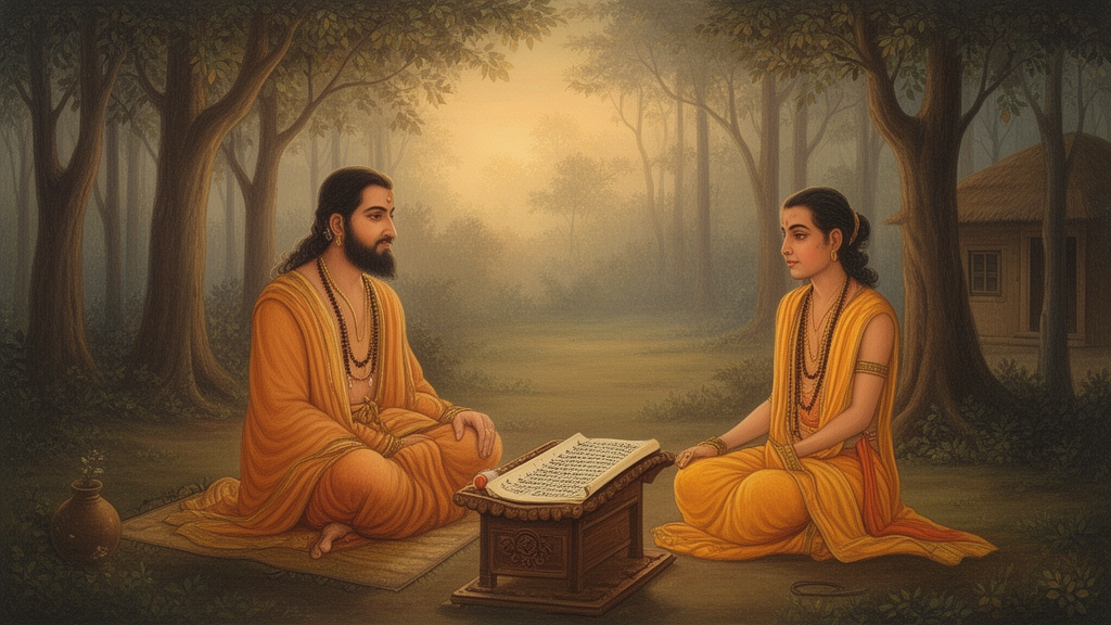 A seated teacher and a disciple reading a palm-leaf manuscript in a quiet forest hermitage at dawn, illustrating traditional study of the Upanishads.