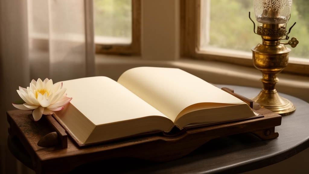 An open book with blank pages beside a brass lamp and a lotus on a low table, suggesting a quiet reading setting for studying the Upanishads.