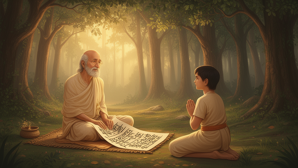 Teacher and young student seated in a forest hermitage at dawn, with an open palm-leaf manuscript between them, illustrating the oral teaching setting of the Upanishads.