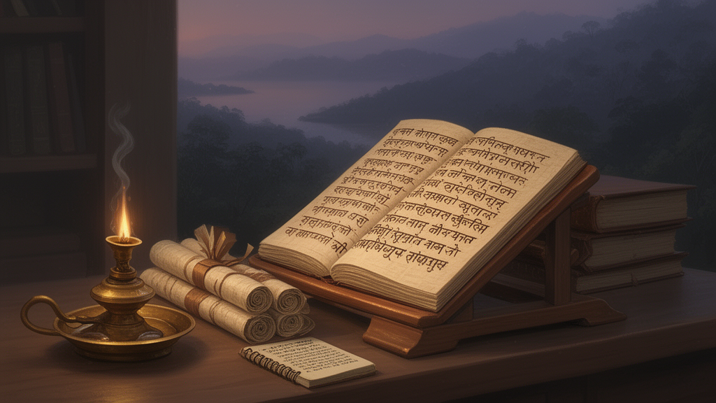 Scholar's desk with an open manuscript, brass oil lamp, and scrolls, illustrating the careful study of Sanskrit texts and editions.