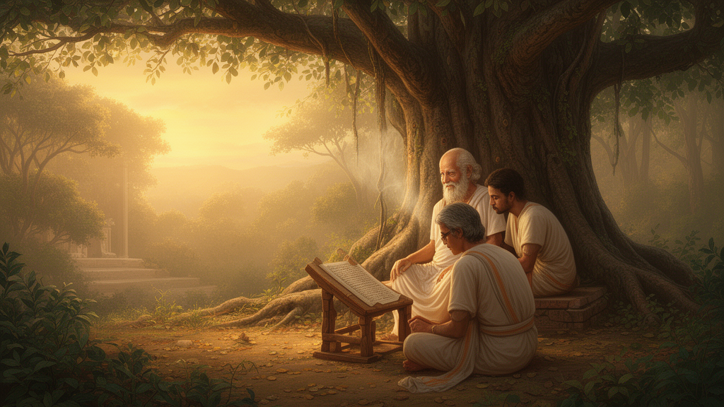 Illustration of a teacher seated under a tree in a forest hermitage with a student sitting close by, with an open manuscript nearby, depicting the traditional guru-shishya setting associated with the word Upanishad.