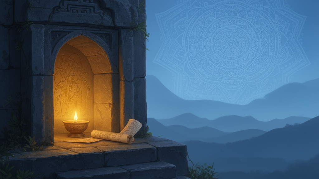 Illustration of a lamp glowing in a stone niche beside a scroll, with patterned background, symbolizing inner knowledge and contemplation in Upanishadic study.
