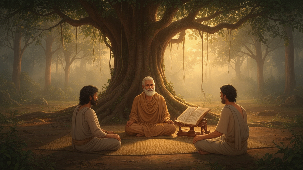 Illustration of a teacher seated under a tree in a forest hermitage with two students listening, reflecting the oral teacher-student setting associated with the Upanishads.
