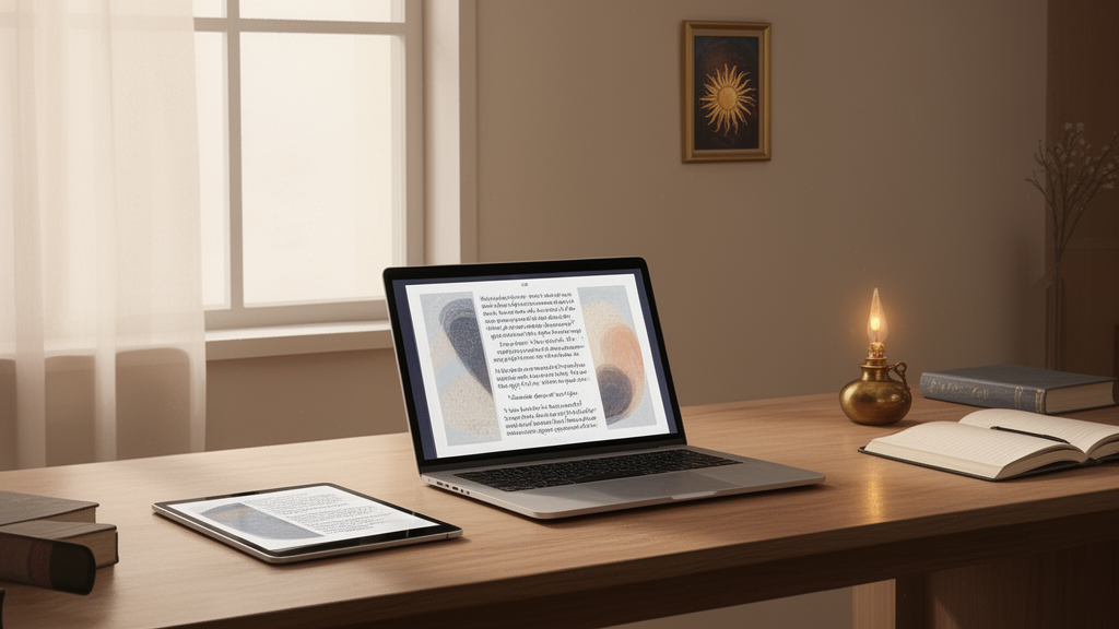 Illustration of a study table with a tablet and notebook beside an unlit oil lamp, representing reading Upanishad texts online with careful study.