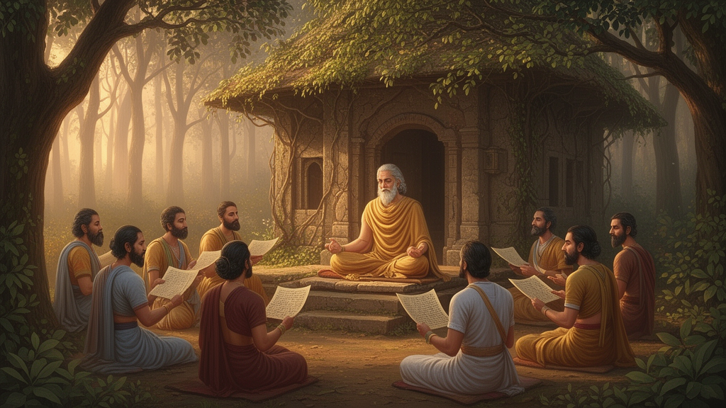 Illustration of a seated teacher and students in an ancient Indian forest hermitage at dawn, representing oral learning of the Upanishads.