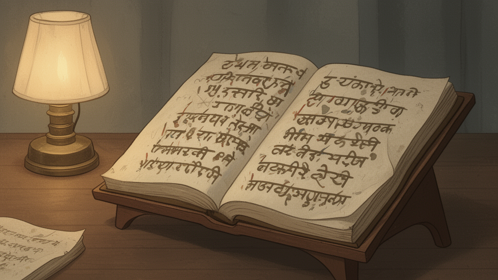 Open palm-leaf style manuscript beside a lamp in a quiet study room, suggesting the Sanskrit written tradition of the Upanishads.