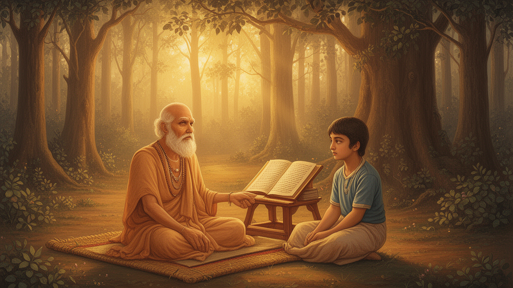 Illustration of a sage teaching a seated student in a quiet forest hermitage at dawn, with a palm-leaf manuscript on a wooden stand.