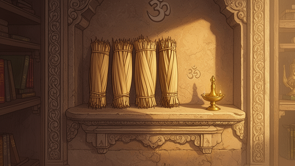 Illustration of bundled blank palm-leaf manuscripts on a carved stone shelf beside a brass lamp, representing the Vedic texts studied by teachers and students.