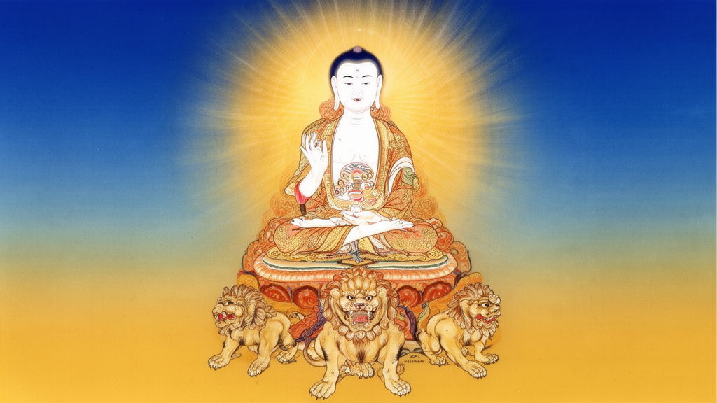 Painted depiction of the Buddha Vairocana with a white body, seated on a lion throne and making the teaching gesture, in a Tibetan devotional style.