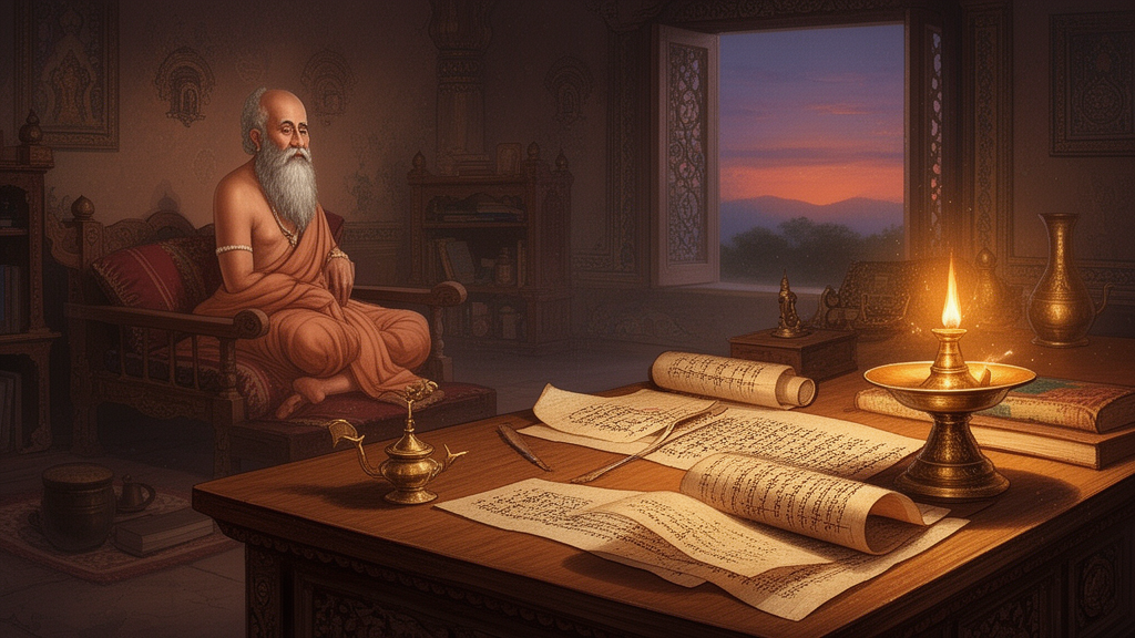 An ancient Indian sage studies palm-leaf manuscripts by an oil lamp in a quiet study, illustrating the scholarly setting of classical Sanskrit philosophy.
