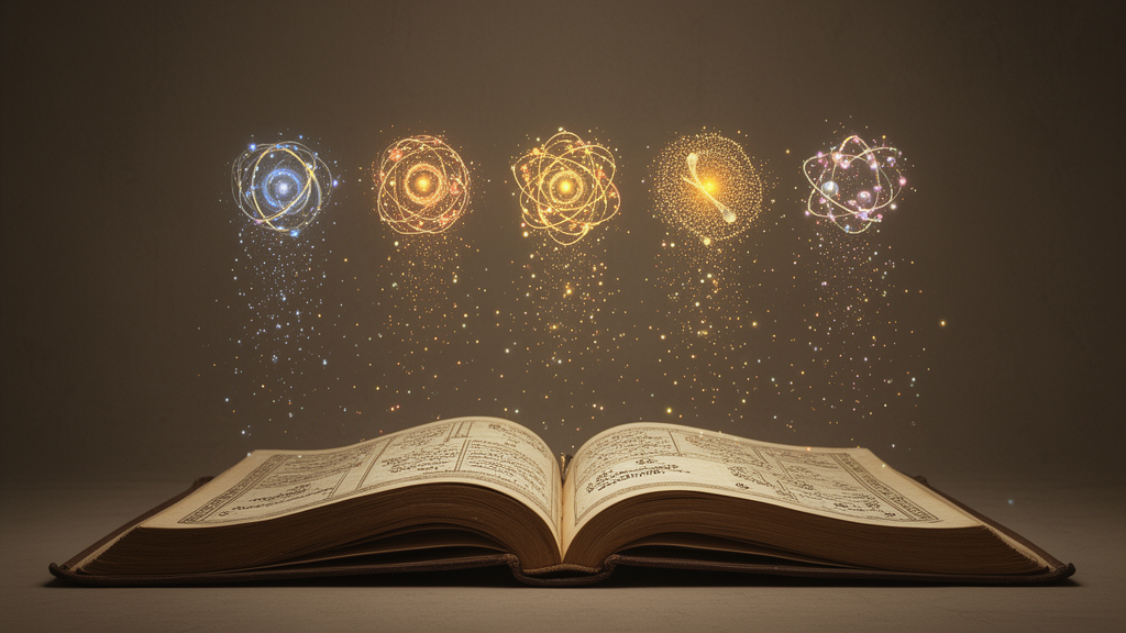 Symbolic illustration of five elements and small glowing particles arranged above an open manuscript, representing the atomic and categorical themes of the Vaisesika Sutra.