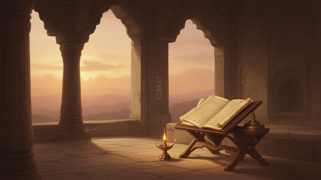 Open palm-leaf manuscripts and a brass lamp on a wooden stand in an ancient study hall, suggesting the textual study of the Vaishnava Upanishads.