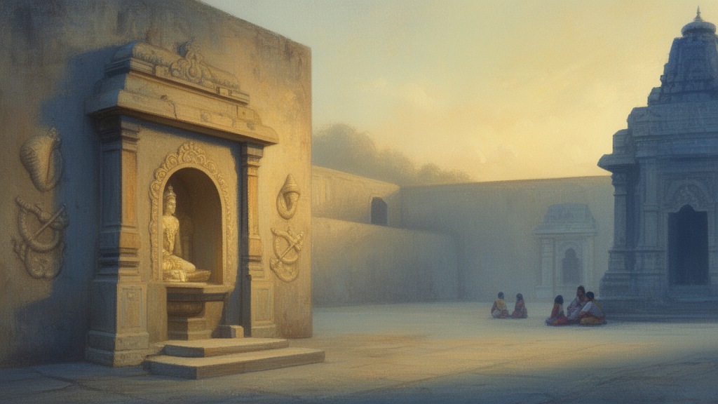 A quiet Vishnu temple courtyard at evening with a shrine niche and conch and discus carvings, illustrating Vaishnava devotional tradition.