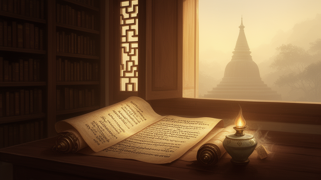 An open scroll resting on a wooden desk in a quiet monastery library, lit by early morning light through a window, with a small lamp nearby.