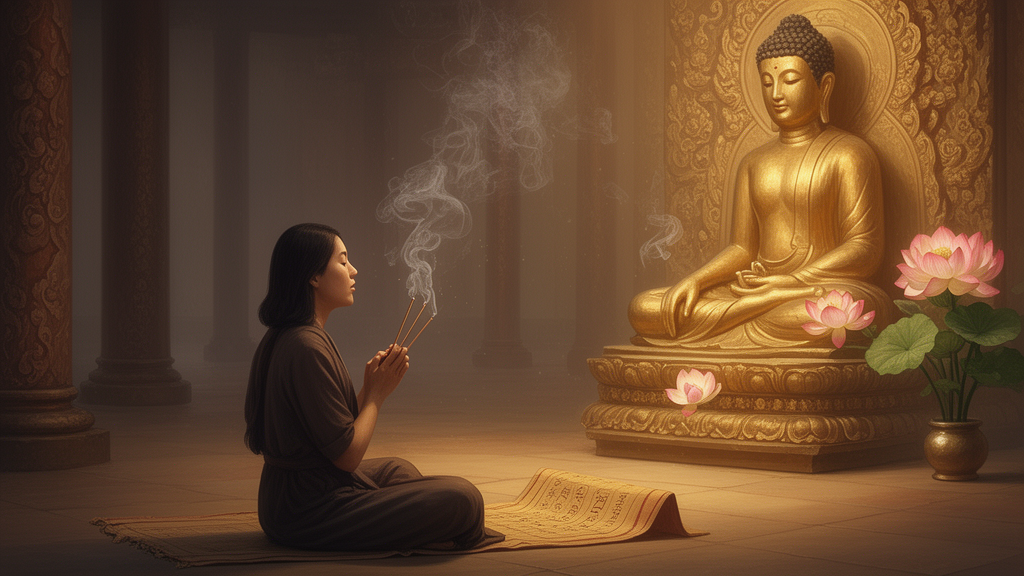 A seated practitioner reciting quietly in a temple hall before a golden Buddha statue, with a lotus arrangement and rising incense smoke.