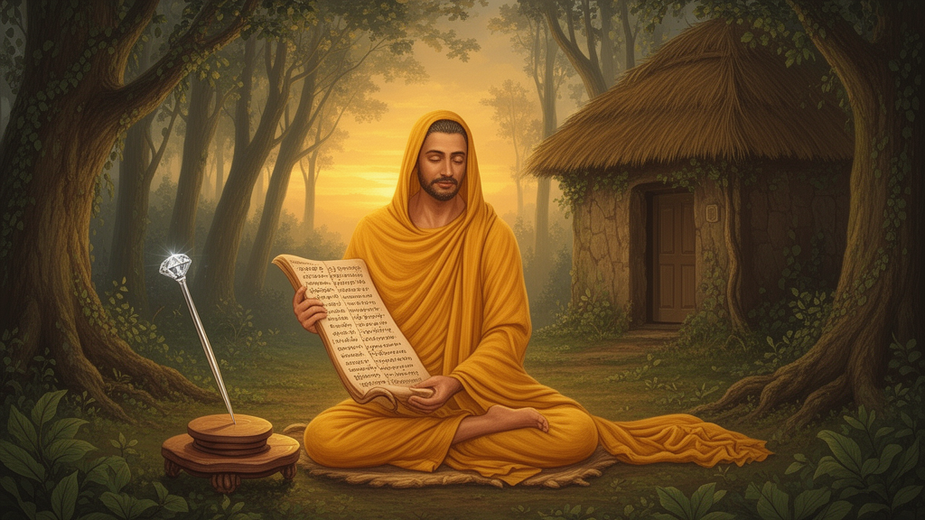 Illustration of a sage in a forest hermitage reading an open palm-leaf manuscript at dawn, with a diamond-tipped needle beside it, representing the Vajrasuchi Upanishad's name.