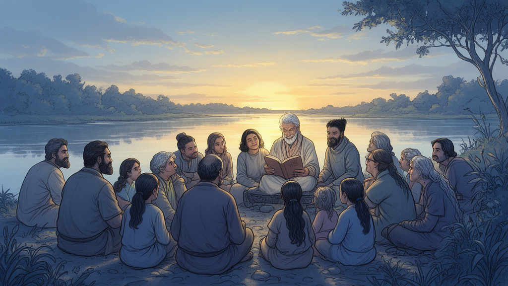 Illustration of diverse seekers gathered on a riverbank at sunrise listening to an elder read from a manuscript, representing the text's argument that wisdom and realization are open to all.