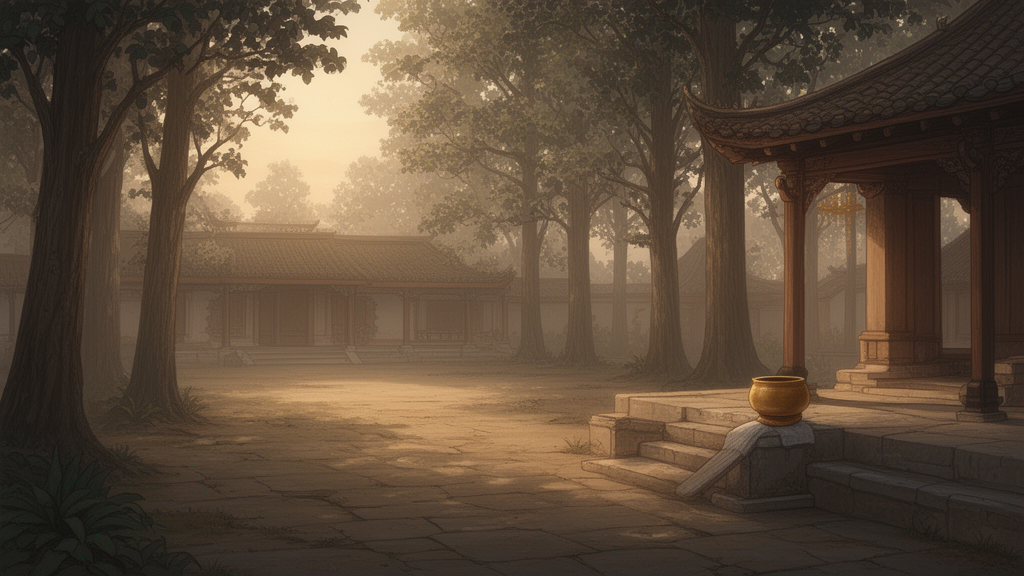 A quiet monastery courtyard at dawn with a simple alms bowl on a stone step, illustrating the setting of a Buddhist teaching.