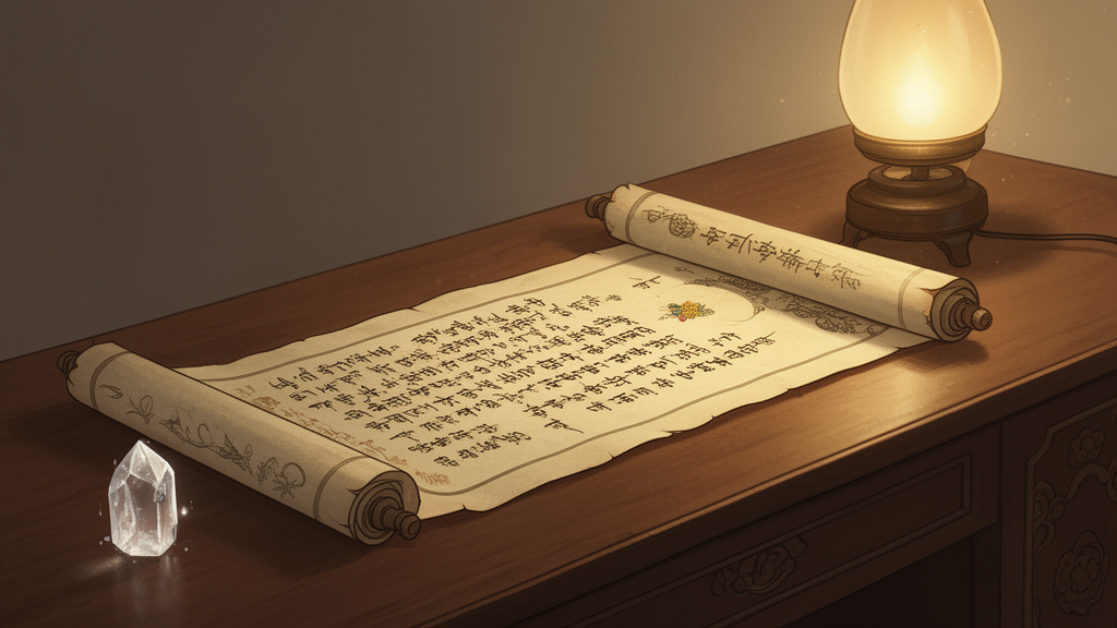 An open scroll on a wooden desk beside a lamp and a crystal, suggesting quiet study of a Buddhist sutra.