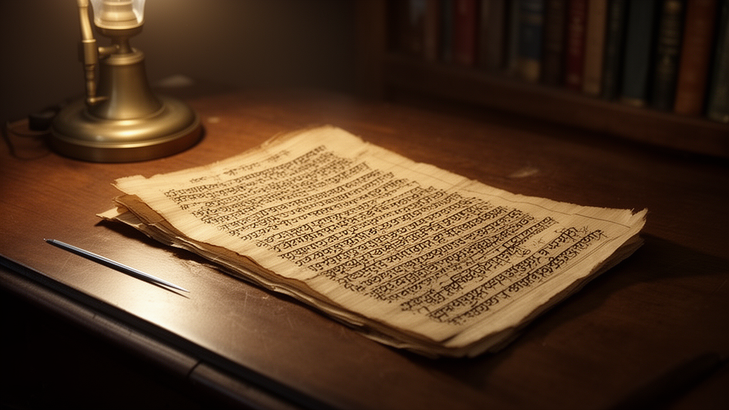 Open palm-leaf manuscript on a wooden desk beside a steel needle in soft lamplight, representing the study of the Vajrasuchi Upanishad.