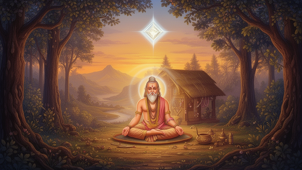 A seated sage meditating in a forest hermitage at dawn, with light at the centre suggesting inner realization in the spirit of the Vajrasuchi Upanishad.