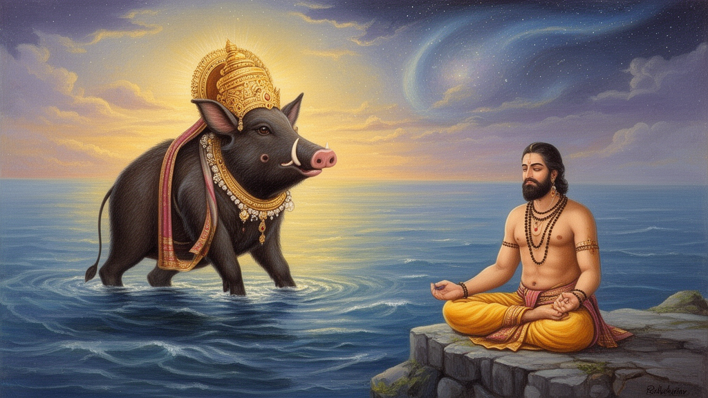 Illustration of Lord Varaha, the boar form of Vishnu, and the sage Ribhu in a calm dawn setting, shown in a respectful devotional style.