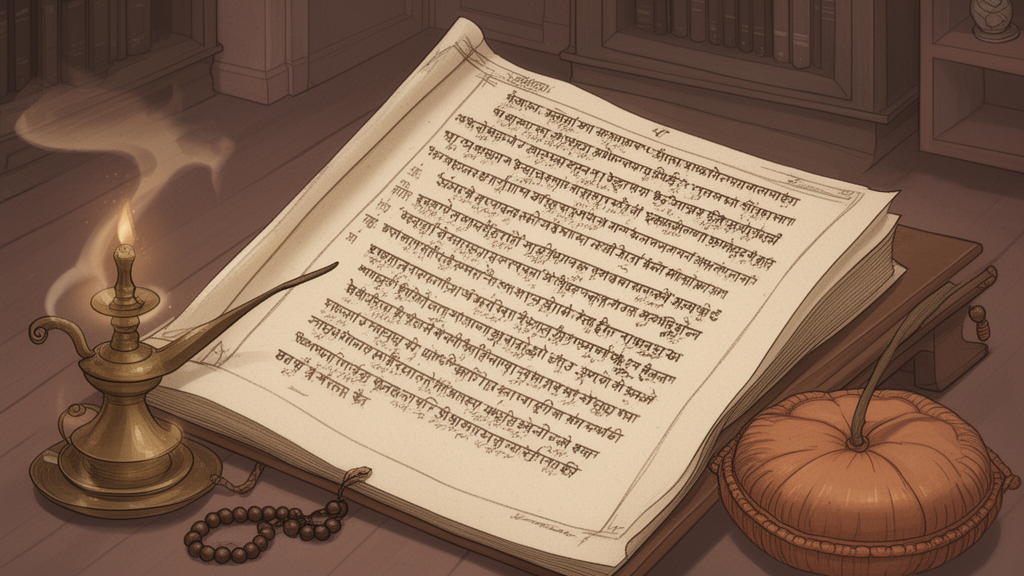 Study setting with an open manuscript, brass lamp, and rosary beside a meditation cushion, representing the reading of Sanskrit Upanishads.